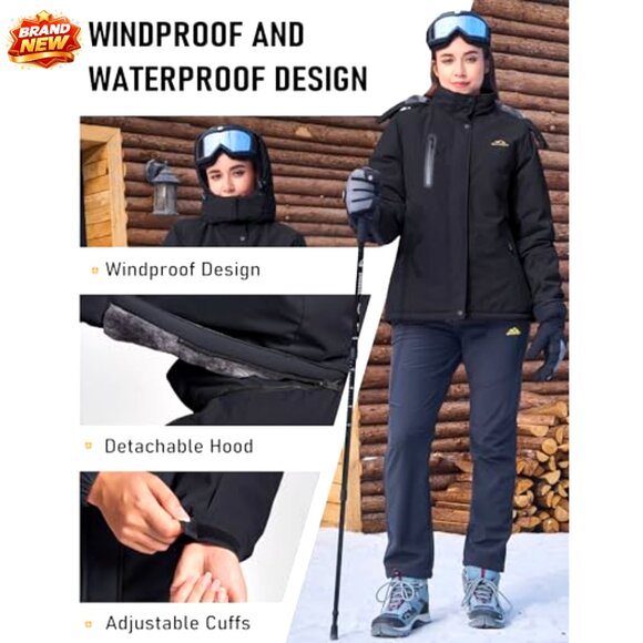 Women's Waterproof Insulated Ski Jacket with Fleece Lining and Hood - Picture 5 of 7